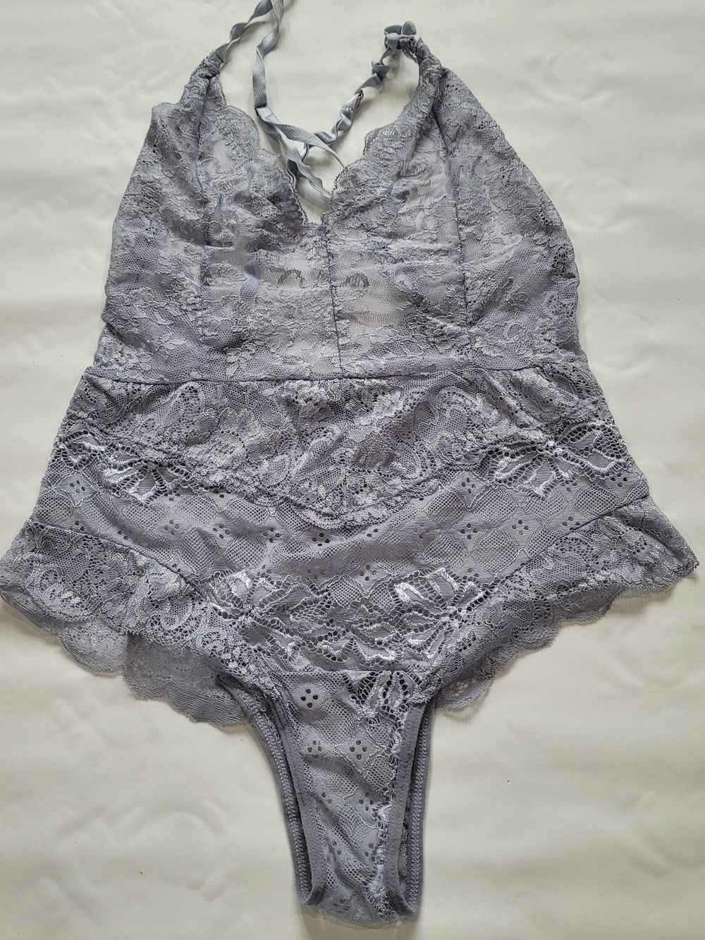 Lace Halter Teddy Bodysuit in Slate Blue